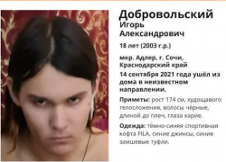 В Сочи бесследно исчез 18-летний парень