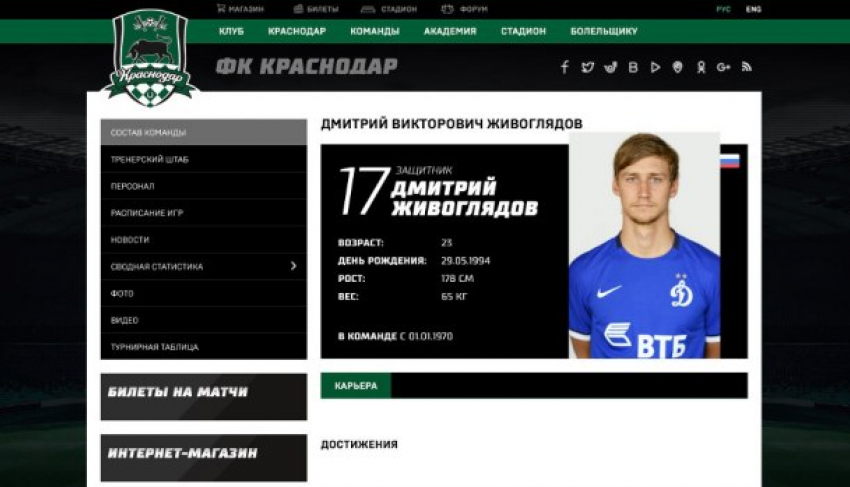  «Краснодар» создал на сайте профиль игрока «Уфы» Живоглядова, в «Уфе» о трансфере не слышали 