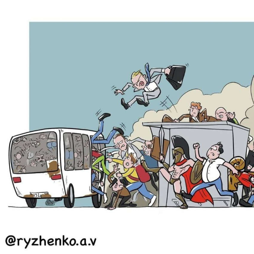Утренние бои: карикатурист изобразил типичное утро жителей Краснодара на общественном транспорте