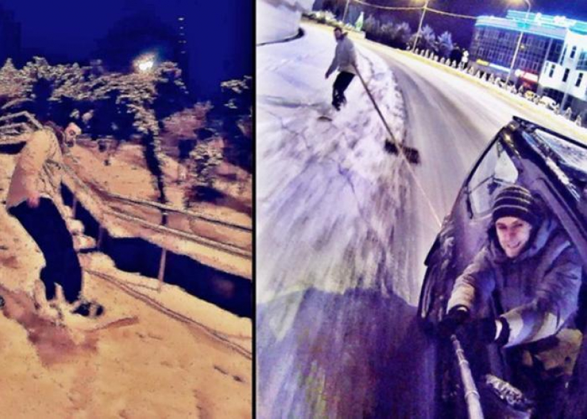 Жители Сочи прокатились на сноуборде по заснеженным улицам города