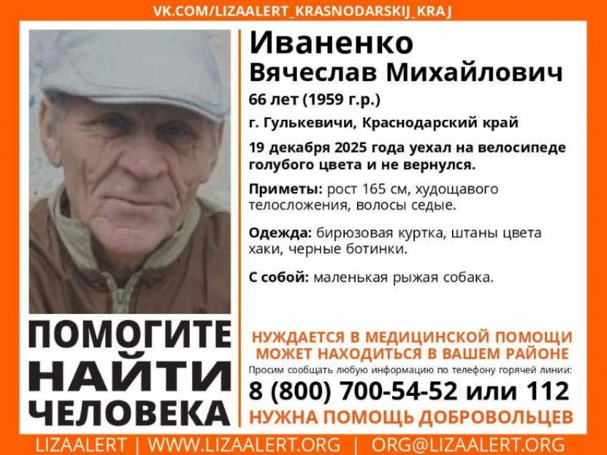66-летний мужчина уехал на велосипеде с собакой и бесследно исчез на Кубани 